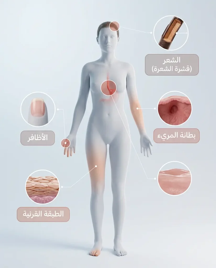رسم ثلاثي الأبعاد يوضح أماكن تواجد الكيراتين في جسم الإنسان بما يشمل الشعر والأظافر والجلد وبطانة المريء