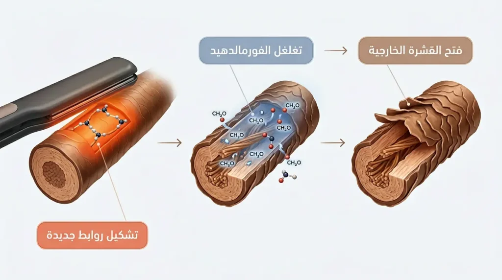 رسم طبي يوضح المراحل الثلاث لآلية عمل علاج الكيراتين التجاري على بنية الشعرة الداخلية