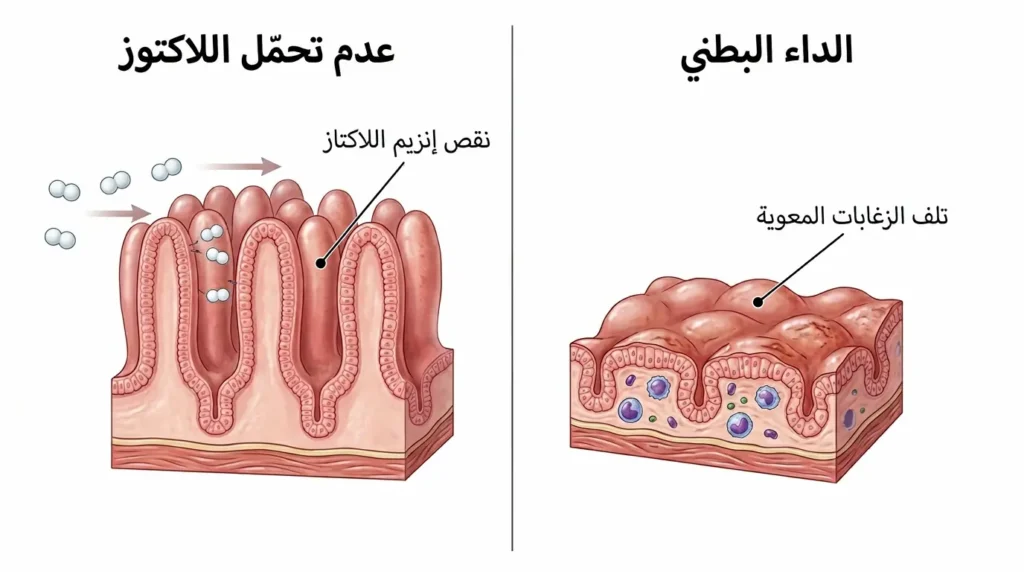 رسم طبي واقعي يُقارن بين عدم تحمّل اللاكتوز مع نقص إنزيم اللاكتاز والداء البطني مع تلف الزغابات المعوية