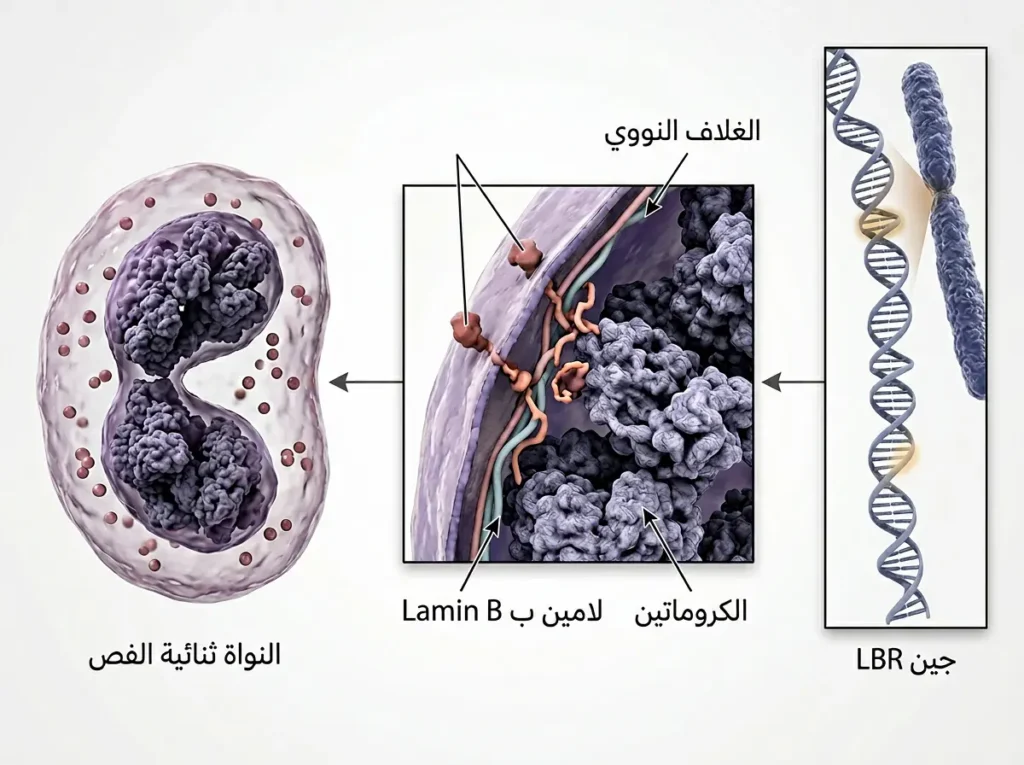 رسم طبي ثلاثي الأبعاد يوضح دور جين LBR والغلاف النووي والكروماتين في نشوء النواة ثنائية الفص.