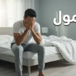 رجل عربي شاب يجلس على حافة السرير صباحاً ممسكاً رأسه بيديه في حالة خمول وإرهاق رغم النوم الطويل