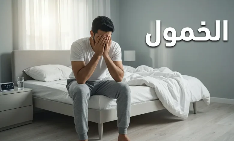 رجل عربي شاب يجلس على حافة السرير صباحاً ممسكاً رأسه بيديه في حالة خمول وإرهاق رغم النوم الطويل