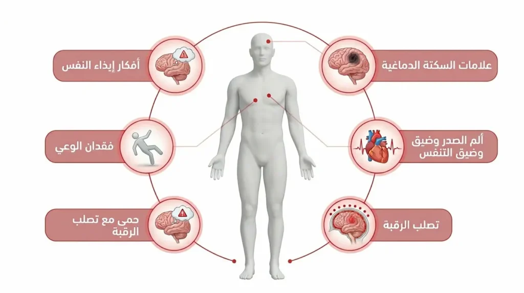 رسم توضيحي طبي يعرض خمس علامات حمراء تستدعي الذهاب إلى الطوارئ فوراً عند ترافقها مع الخمول وهي ألم الصدر وعلامات السكتة الدماغية وفقدان الوعي وأفكار إيذاء النفس والحمى مع تصلب الرقبة