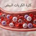 غلاف طبي ثلاثي الأبعاد يوضح ارتفاع كريات الدم البيضاء داخل مجرى الدم مع عنوان كثرة الكريات البيض بشكل واضح وأنيق.