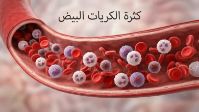 غلاف طبي ثلاثي الأبعاد يوضح ارتفاع كريات الدم البيضاء داخل مجرى الدم مع عنوان كثرة الكريات البيض بشكل واضح وأنيق.