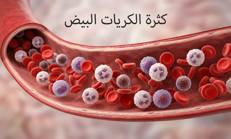 غلاف طبي ثلاثي الأبعاد يوضح ارتفاع كريات الدم البيضاء داخل مجرى الدم مع عنوان كثرة الكريات البيض بشكل واضح وأنيق.