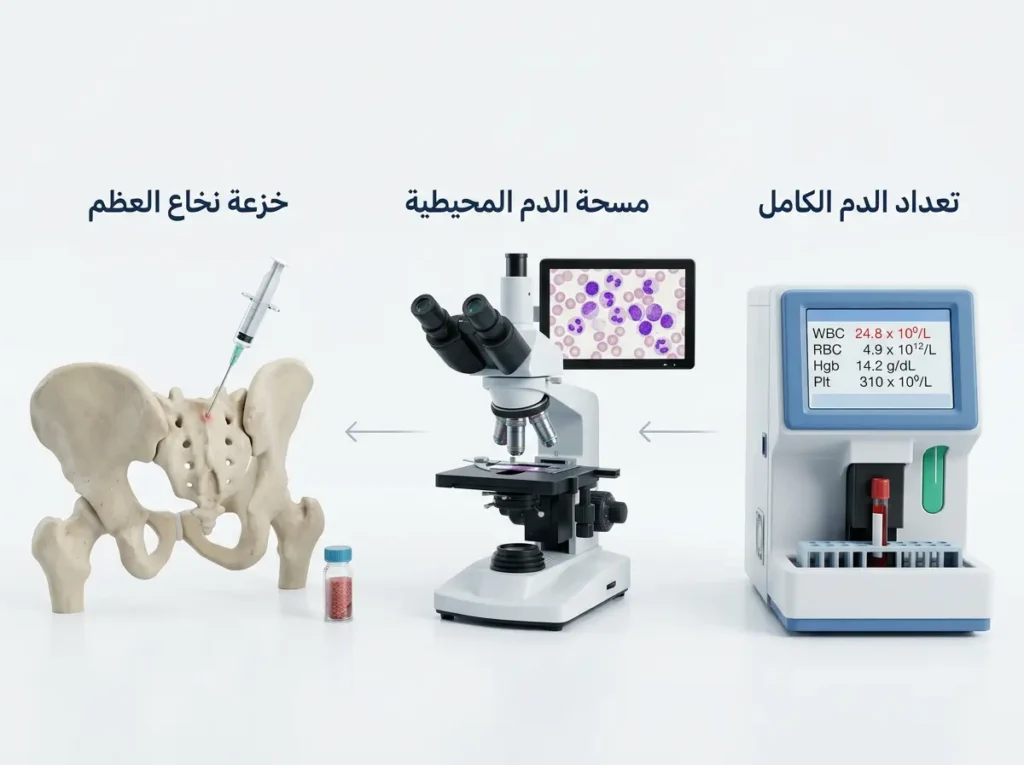 مخطط بصري طبي يوضح مراحل تقييم كثرة الكريات البيض بدءاً من تعداد الدم الكامل ثم المسحة المحيطية ثم خزعة نخاع العظم.