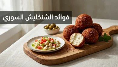صحن فاخر من الشنكليش السوري مع كرات شنكليش كاملة ظاهرة بوضوح وطبق جانبي من الشنكليش المفتّت مع بندورة وزيت زيتون