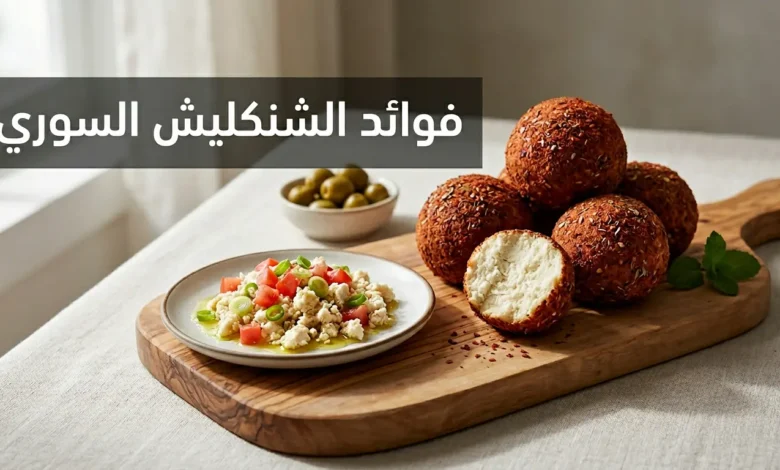 صحن فاخر من الشنكليش السوري مع كرات شنكليش كاملة ظاهرة بوضوح وطبق جانبي من الشنكليش المفتّت مع بندورة وزيت زيتون
