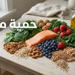 صورة غلاف واقعية تعرض أطعمة حمية مايند المفيدة للدماغ مثل التوت والخضروات الورقية والجوز والسلمون وزيت الزيتون.