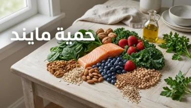 صورة غلاف واقعية تعرض أطعمة حمية مايند المفيدة للدماغ مثل التوت والخضروات الورقية والجوز والسلمون وزيت الزيتون.