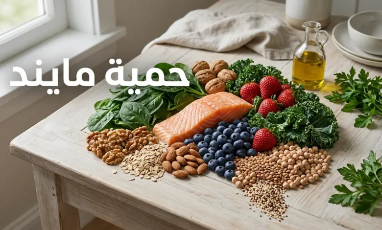 صورة غلاف واقعية تعرض أطعمة حمية مايند المفيدة للدماغ مثل التوت والخضروات الورقية والجوز والسلمون وزيت الزيتون.
