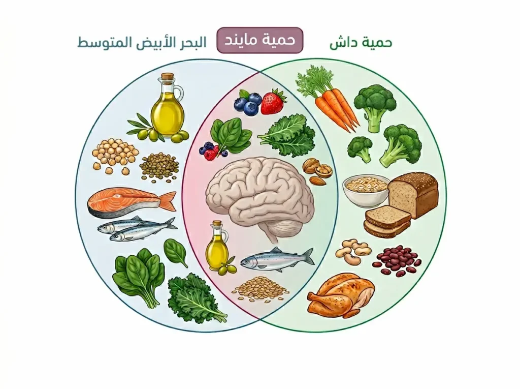 رسم طبي دقيق يوضح كيف تتكوّن حمية مايند من عناصر منتقاة من حمية البحر الأبيض المتوسط وحمية داش.