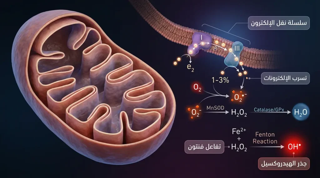 رسم طبي يوضح تسرب الإلكترونات من سلسلة نقل الإلكترون في الميتوكوندريا وتكوّن الجذور الحرة عبر تفاعل فنتون