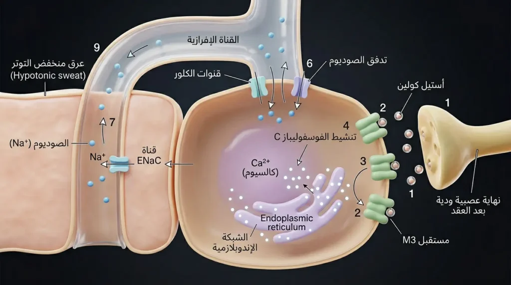 رسم ثلاثي الأبعاد واقعي يوضح الآلية الجزيئية لإفراز العرق داخل خلية الغدة الناتحة من ارتباط الأستيل كولين بمستقبلات M3 إلى فتح القنوات الأيونية وتدفق الماء نحو سطح الجلد