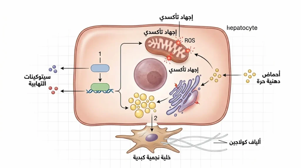 رسم طبي واقعي يوضح نظرية الضربات المتعددة داخل الخلية الكبدية وكيف يؤدي الإجهاد التأكسدي والالتهاب إلى تفعيل الخلايا النجمية وإنتاج التليف