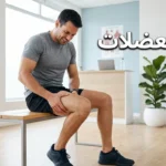 رجل شاب يجلس في عيادة ويمسك فخذه المؤلم مع عنوان آلام العضلات
