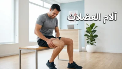 رجل شاب يجلس في عيادة ويمسك فخذه المؤلم مع عنوان آلام العضلات