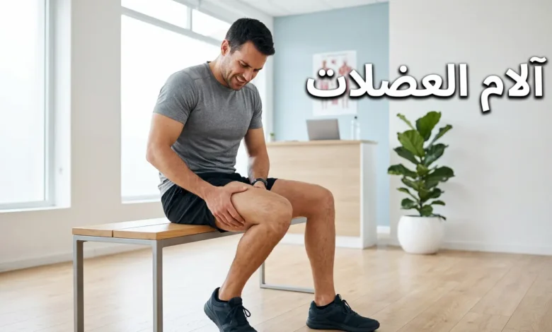 رجل شاب يجلس في عيادة ويمسك فخذه المؤلم مع عنوان آلام العضلات