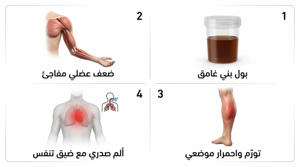 أربع علامات تحذيرية تستدعي الذهاب للطوارئ عند ألم العضلات: بول داكن وضعف مفاجئ وتورّم موضعي وألم صدري