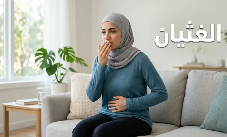 صورة غلاف لمقال طبي عن الغثيان تُظهر امرأة شابة تضع يدها على بطنها بتعبير انزعاج خفيف مع كلمة الغثيان بالعربية