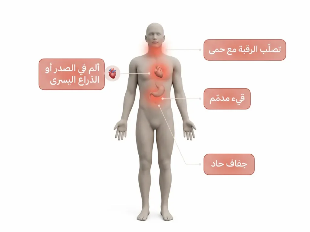 إنفوغرافيك طبي يُظهر العلامات التحذيرية الأربع المصاحبة للغثيان التي تستوجب التوجه الفوري للطوارئ وتشمل ألم الصدر وتصلب الرقبة والقيء المدمم والجفاف الحاد