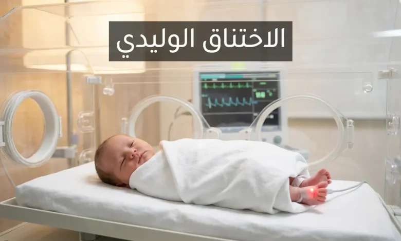 مولود حديث الولادة داخل حاضنة وحدة العناية المركزة مع جهاز مراقبة النبض يمثل حالة الاختناق الوليدي