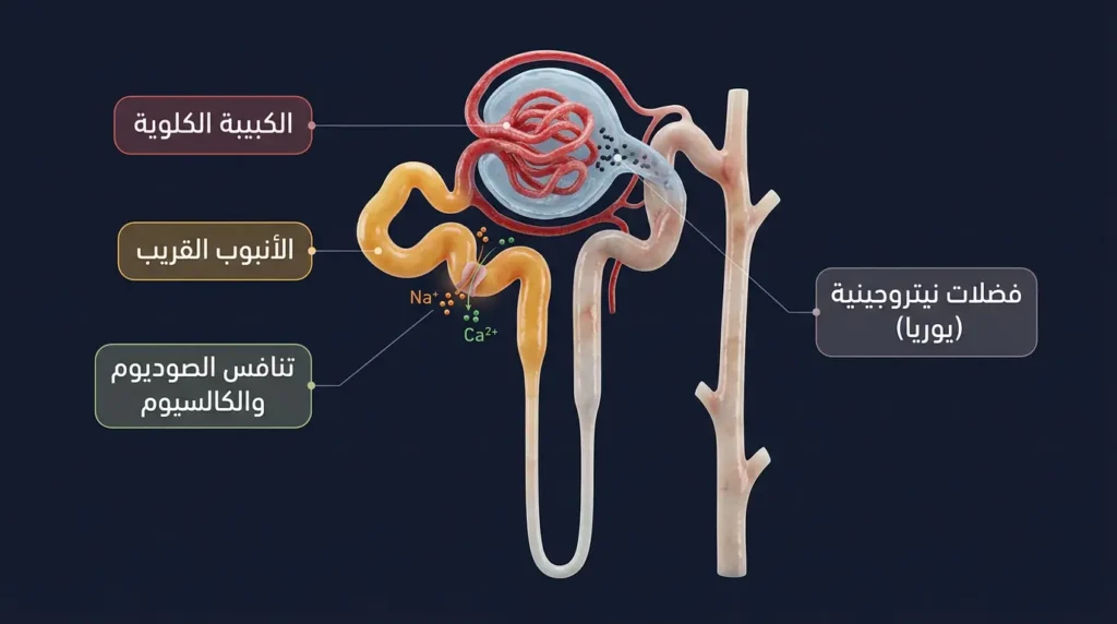 تصيير طبي ثلاثي الأبعاد للنفرون الكلوي يوضّح تنافس الصوديوم والكالسيوم في الأنبوب القريب وتراكم الفضلات النيتروجينية