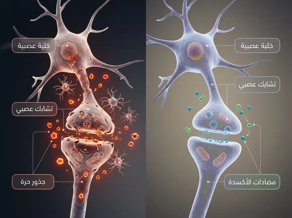 رندر طبي ثلاثي الأبعاد لخلية عصبية وتشابك عصبي يوضح تأثير الجذور الحرة ومضادات الأكسدة على الالتهاب العصبي.