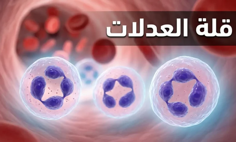 صورة غلاف ثلاثية الأبعاد واقعية تُظهر خلايا العدلات داخل مجرى الدم مع عنوان "قلة العدلات" بالعربية