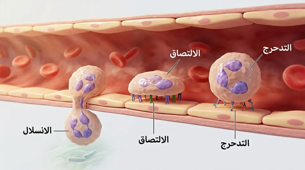 تصوير ثلاثي الأبعاد واقعي لمراحل انتقال العدلة عبر جدار الوعاء الدموي: التدحرج ثم الالتصاق ثم الانسلال