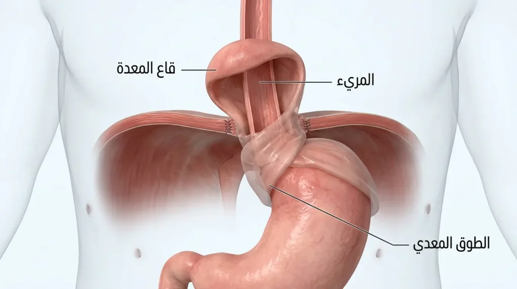 رسم ثلاثي الأبعاد يوضح عملية نيسن لطي قاع المعدة حول المريء لعلاج فتق الحجاب الحاجز