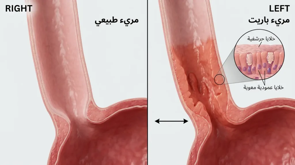 مقارنة ثلاثية الأبعاد بين المريء السفلي الطبيعي ومريء باريت مع توضيح التغيّر الخلوي من خلايا حرشفية إلى خلايا عمودية