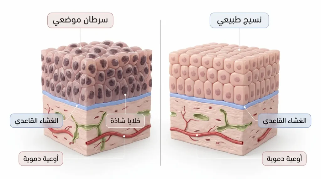 رسم طبي ثلاثي الأبعاد يقارن بين النسيج الطبيعي والنسيج المصاب بالسرطان الموضعي مع إبراز سلامة الغشاء القاعدي وحصر الخلايا الشاذة فوقه