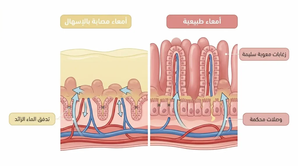 مقارنة تشريحية بين بطانة الأمعاء الطبيعية التي تمتص الماء والأمعاء المصابة بالإسهال حيث يتدفق الماء إلى التجويف المعوي
