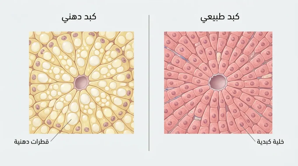 رسم طبي واقعي يقارن بين نسيج الكبد الطبيعي والكبد الدهني على المستوى الخلوي مع وجود قطرات دهنية داخل الخلايا الكبدية