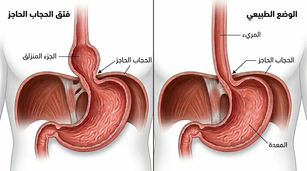 مقارنة تشريحية بين الوضع الطبيعي للمعدة والمريء والحجاب الحاجز وبين حالة فتق الحجاب الحاجز الانزلاقي