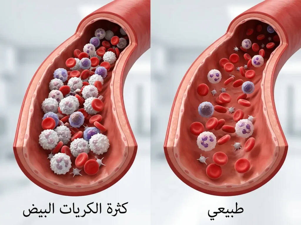 مقارنة بصرية بين مجرى دم طبيعي ومجرى دم يحتوي على زيادة في كريات الدم البيضاء