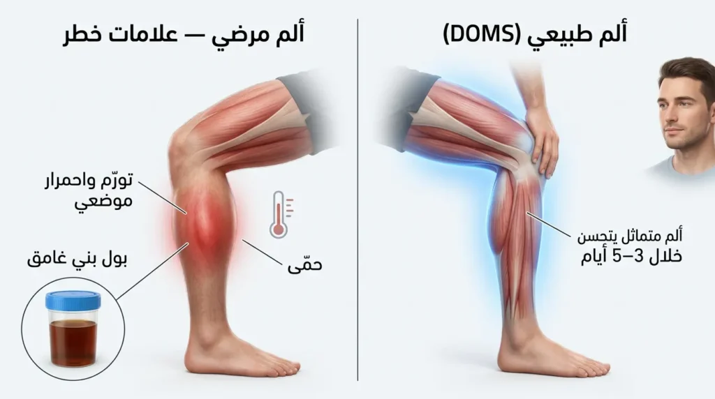 مقارنة بصرية بين ألم العضلات الطبيعي المتأخر وألم العضلات المرضي مع علامات الخطر