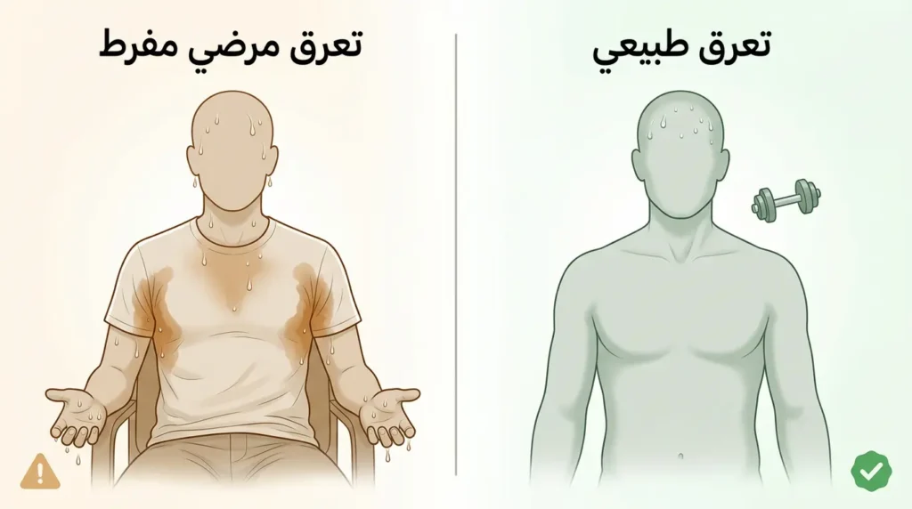 رسم طبي واقعي مقسوم إلى قسمين يقارن بين التعرق الطبيعي المحدود أثناء النشاط البدني على اليمين والتعرق المرضي المفرط في حالة الراحة على اليسار