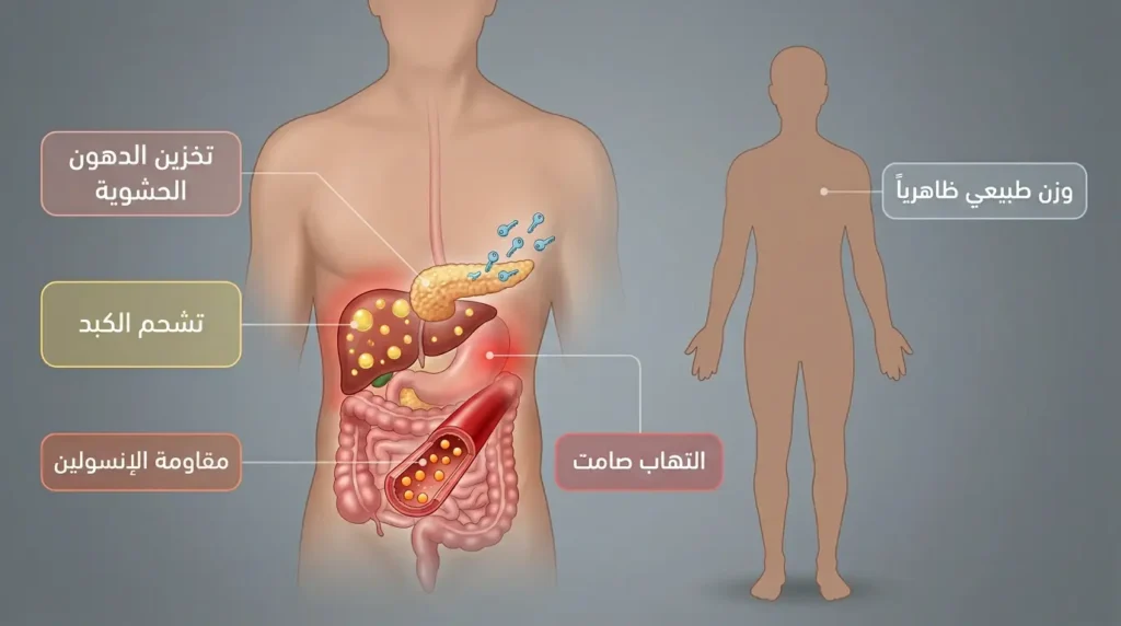 رسم طبي واقعي يوضح كيف يمكن أن يعاني شخص بوزن طبيعي من مقاومة الإنسولين والتهاب صامت في الكبد والأمعاء