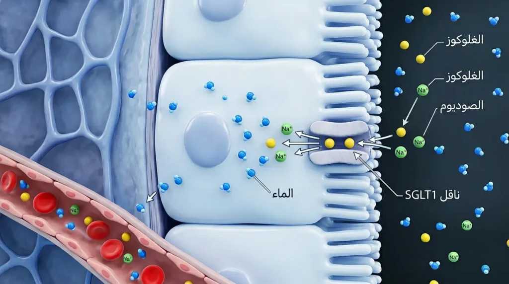 تصوير ثلاثي الأبعاد يُظهر آلية عمل ناقل SGLT1 في خلايا الأمعاء الدقيقة وكيف تُسهّل أملاح الإماهة الفموية امتصاص الماء والصوديوم