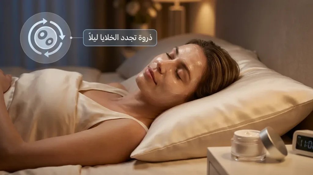 صورة واقعية لامرأة نائمة بماسك ترطيب ليلي على وسادة حريرية مع إشارة بصرية إلى ذروة تجدد خلايا البشرة ليلاً.
