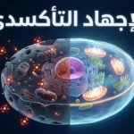 صورة غلاف توضح مفهوم الإجهاد التأكسدي مع خلية سليمة وأخرى متضررة بالجذور الحرة