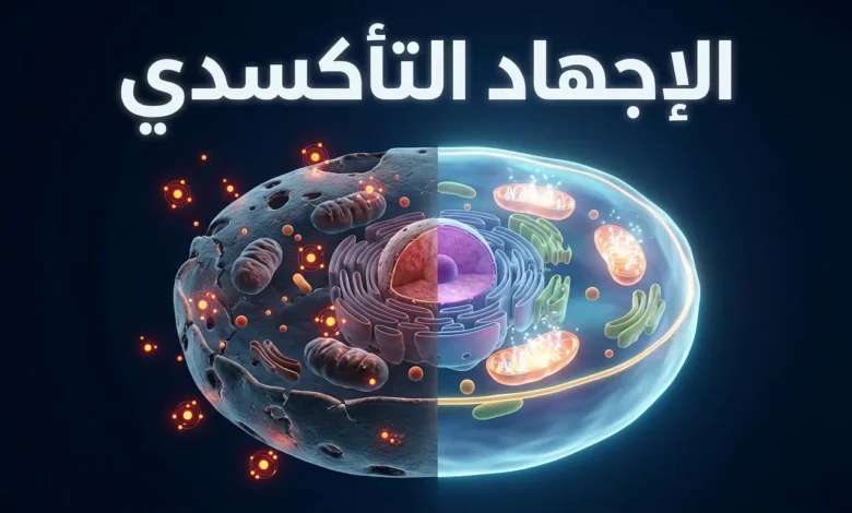 صورة غلاف توضح مفهوم الإجهاد التأكسدي مع خلية سليمة وأخرى متضررة بالجذور الحرة