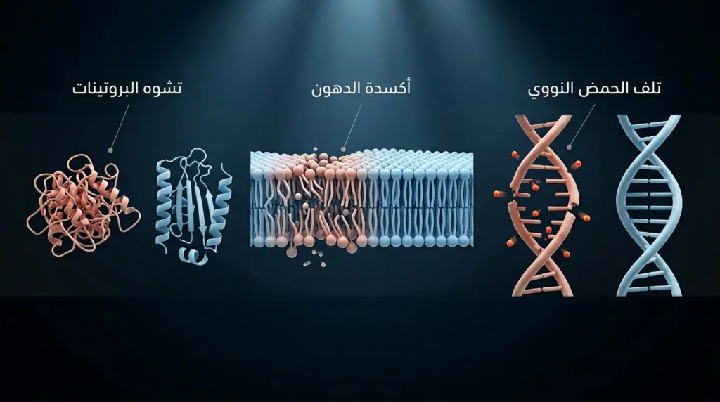 رسم ثلاثي الأبعاد يوضح الأهداف الثلاثة للإجهاد التأكسدي داخل الخلية وهي الحمض النووي والدهون والبروتينات