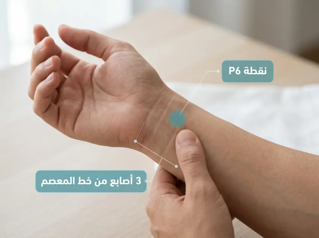 صورة واقعية تُظهر موقع نقطة الضغط الإبري P6 على باطن المعصم على بُعد ثلاثة أصابع من خط المعصم بين الوترين المركزيين