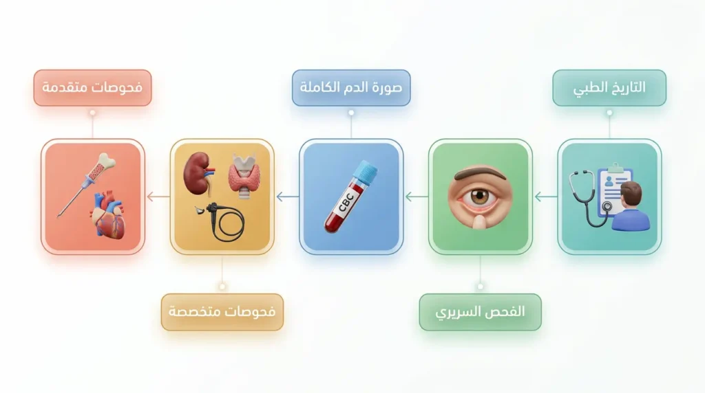 مخطط تشخيصي يوضح المسار الذي يتبعه الطبيب لتحديد سبب شحوب الوجه من التاريخ المرضي إلى الفحوصات المتقدمة
