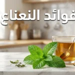 أوراق نعناع فلفلي طازجة مع كوب شاي نعناع ساخن على سطح رخامي أبيض وعنوان فوائد النعناع