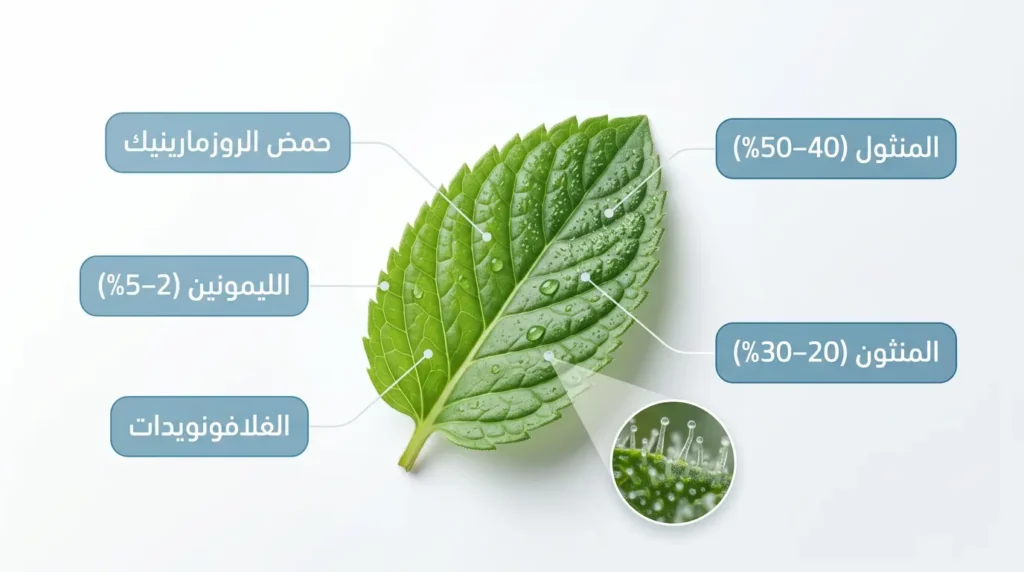 ورقة نعناع فلفلي طازجة مع تسميات توضيحية للمركبات الكيميائية الخمسة الرئيسة: المنثول والمنثون وحمض الروزمارينيك والليمونين والفلافونويدات مع نسبة كل مركب